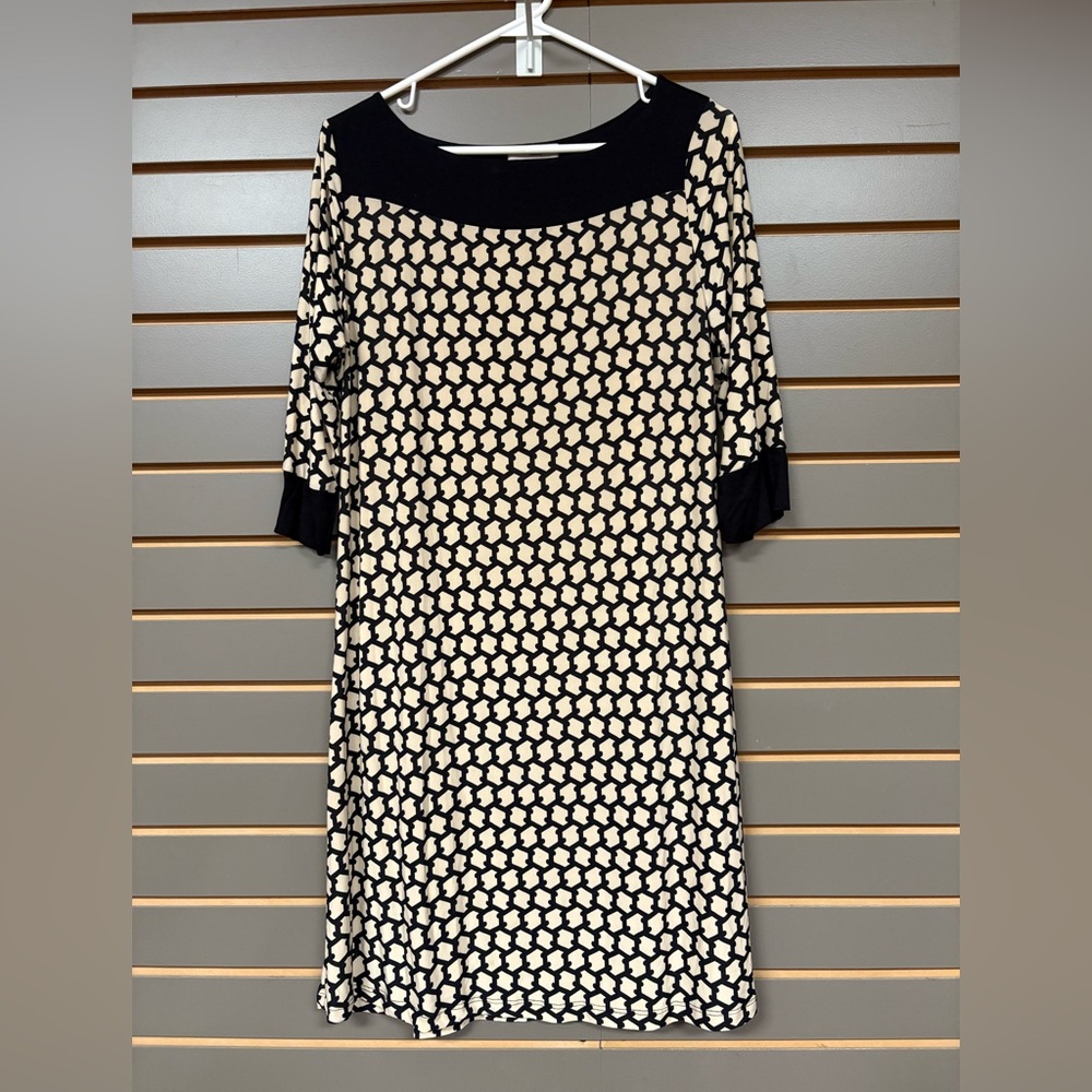 Elegant Black and Cream Patterned Dress, women’s size M